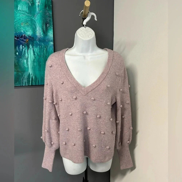 Madewell‎ Womens Small Light Purple Wool Blend Bobble Pom Pom V-neck Sweater - Picture 8 of 14